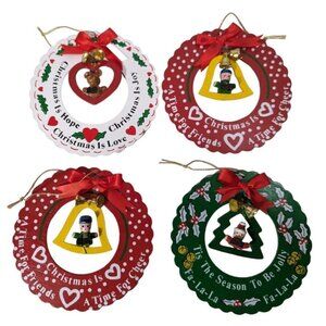 Christmas Ornaments 4-Pc Hearts and Figurines Red Bows Round Wood Vintage 1985